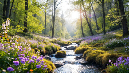 Obraz premium Forest Panorama with Sunrays Serene Woodland Landscape