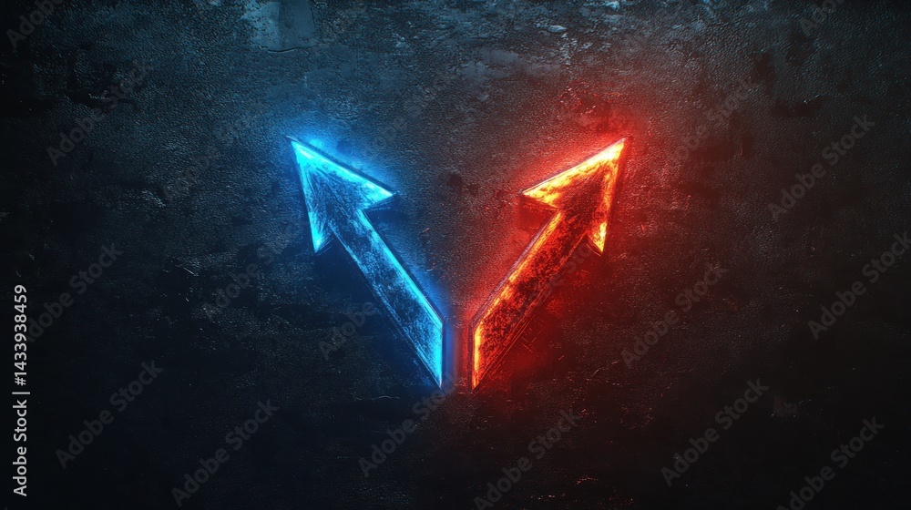 Poster vibrant blue and red arrows pointing in opposite directions on a textured dark background