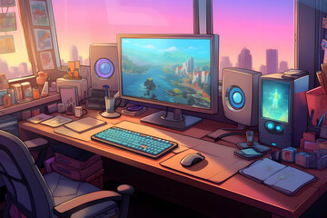 Naklejka premium Anime Style Workspace with Computer and City View in Golden Hour Lighting