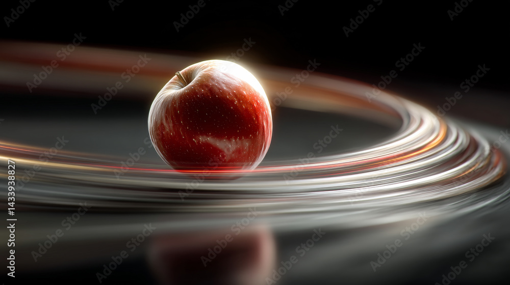 Poster red apple in motion blur creates dynamic effect with swirling light trails. image captures energy an