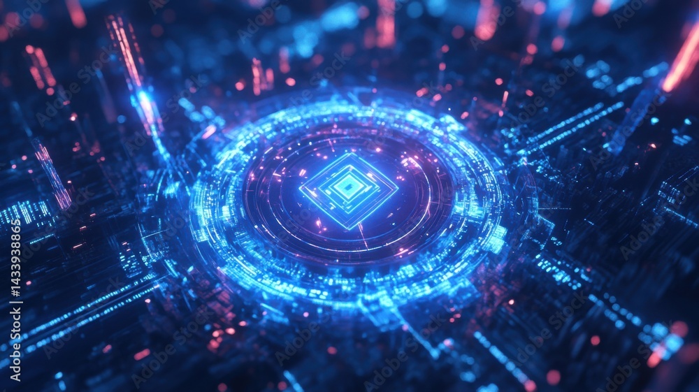 Poster a vibrant digital representation of a futuristic circuit design, featuring intricate patterns and gl