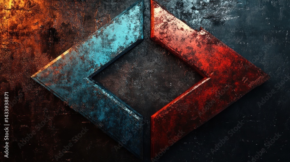 Poster abstract geometric design with metallic textures in red and blue tones on a dark weathered backgroun