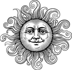 Sun Face Vintage Style Illustration