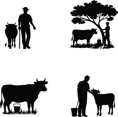 Cow with Man Silhouette Set | Village Life Vector Collection Farmer with Cow Silhouette | Rural Scene Vector Bundle