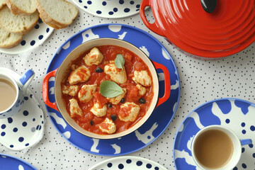 Delicious chicken in tomato basil sauce with bread and coffee on a vibrant blue and white table setting