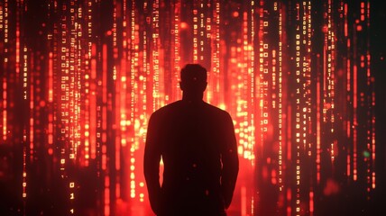 A silhouette stands against a backdrop of cascading red binary code, evoking themes of technology, data, and digital transformation.