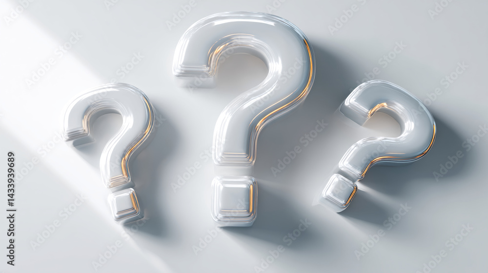 Poster Three glossy white question marks on white background, creating a minimalist and intriguing design, symbolizing inquiry, uncertainty, or FAQ concept