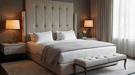 Large headboard bed with hotel-like sensibility and luxurious bedroom interior, modern design style