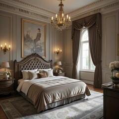 Modern bedroom interior, classic bedroom with velvet bedding and antique furniture, classic interior 