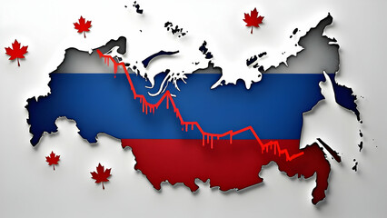 Naklejka premium Fragmenting Russia Flag into Sharp Downward Chart, Maple Leafs as Data