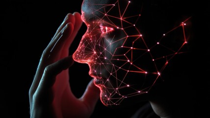 A striking digital representation of a face, highlighted by intricate red lines against a dark background, suggesting themes of technology and connectivity.