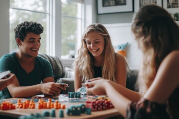 Fototapeta premium Friends enjoying a fun board game night indoors with laughter and excitement