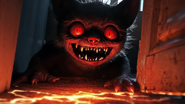 Sinister Creature Emerging from Darkness with Fiery Eyes and Wicked Smile in Eerie Interior Setting