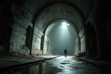 Naklejka premium Man standing in a dark tunnel illuminated by a single light, casting long shadows, with a look of determination on his face.