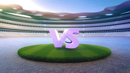 VS letters on grass podium in stadium. 3d rendering of outdoor space and future architecture with blue sky background.