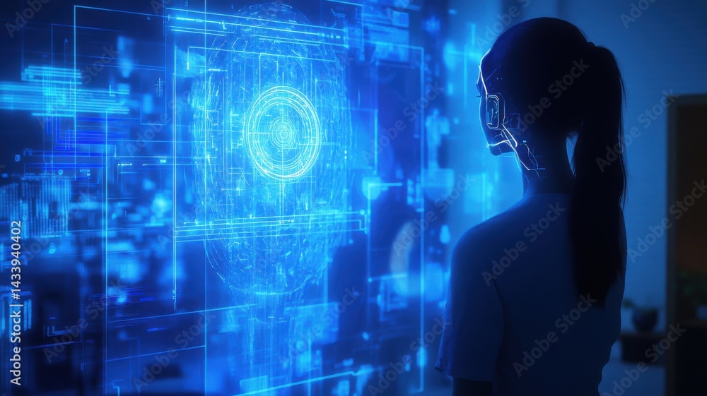 Poster a person interacts with a digital interface displaying a futuristic blue holographic representation 