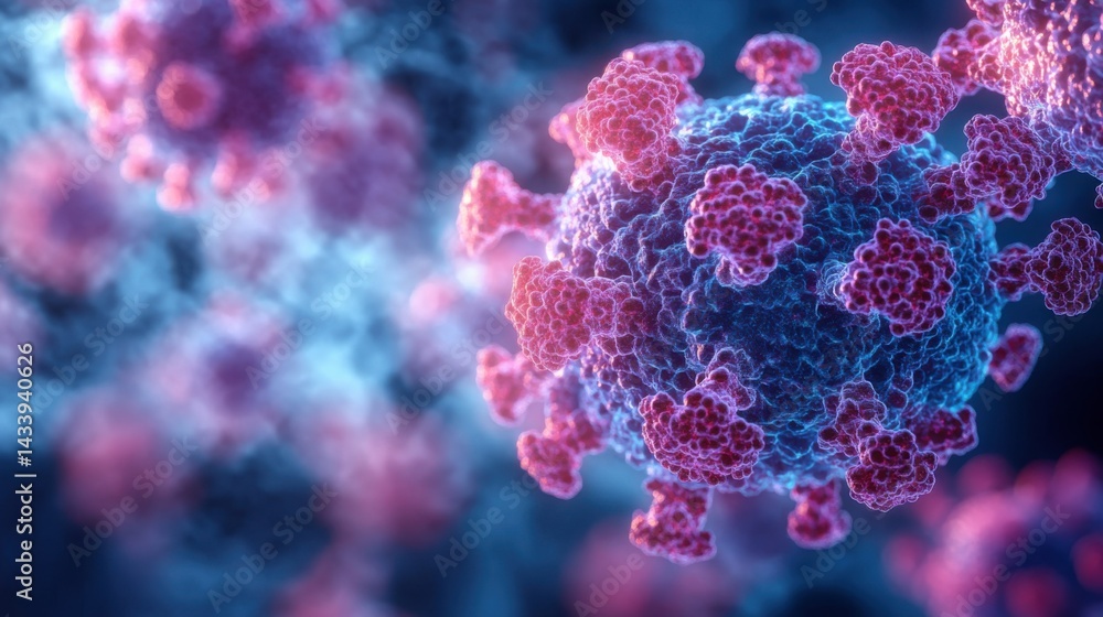 Poster visualization of a coronavirus particle highlighting its structure and surface features under a micr