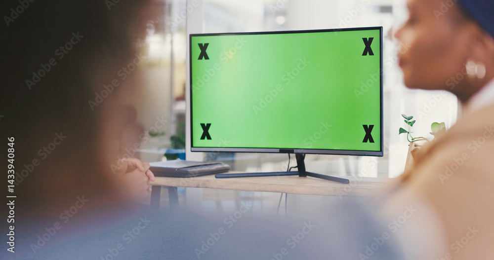 Poster green screen, computer or video call with business people in meeting for workplace development. mock