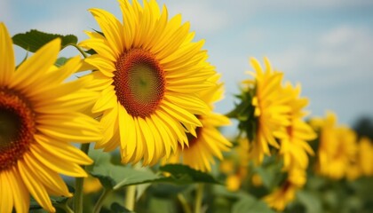 Fototapeta premium Vibrant Yellow Sunflowers Blooming in a Sunny Field under a Blue Sky A Close Up View of Nature's Beauty