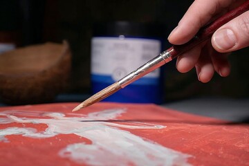 Artist's hand hovering with brush over artwork in studio  