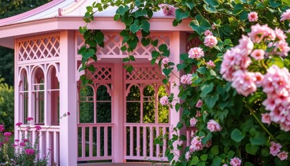 Pink Gazebo in a Garden with Climbing Roses A Peaceful Summer Scene