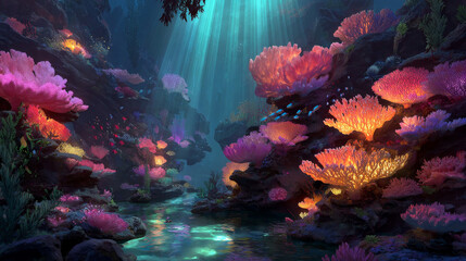 Naklejka premium vibrant underwater scene of coral reef with glowing corals and fish, illuminated by sunlight streaming through water