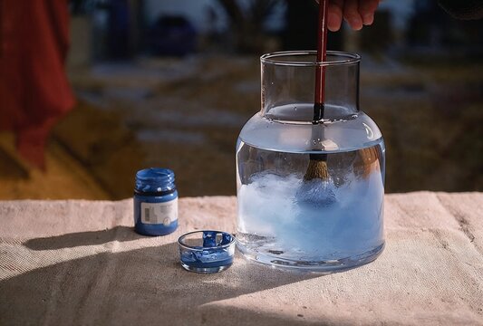 Cleaning a paintbrush in water from blue paint - Powered by Adobe