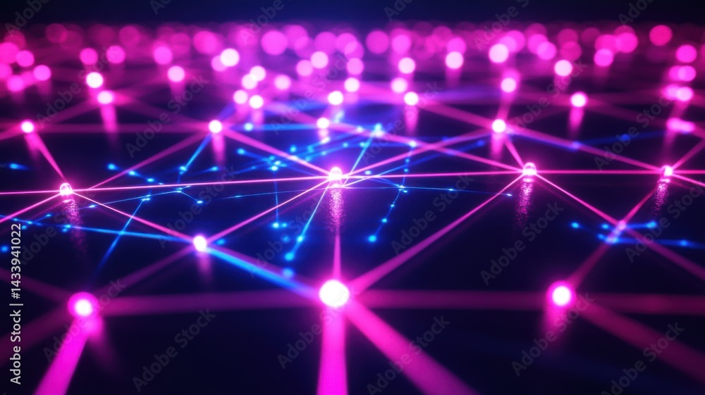 Poster a vibrant network of interconnected dots and lines, illuminated in pink and blue, creating a futuris