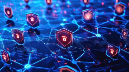 A digital network illustration featuring interconnected security icons, symbolizing cybersecurity and data protection.