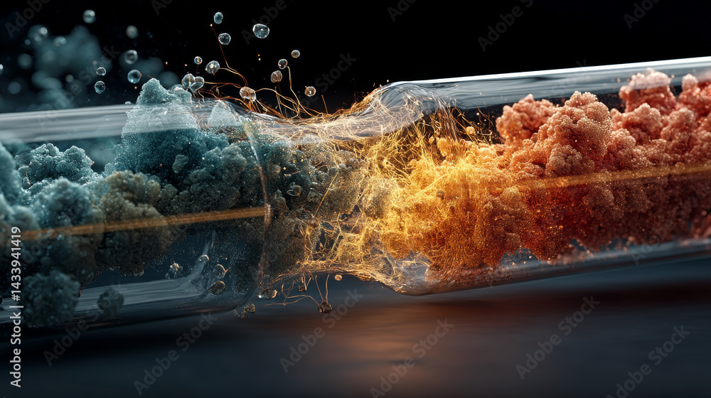 Poster Dynamic image of two colorful solutions mixing in glass tube, creating vibrant reaction