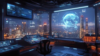 A futuristic control room overlooks a city skyline at night, featuring advanced technology, screens, and a glowing digital globe.