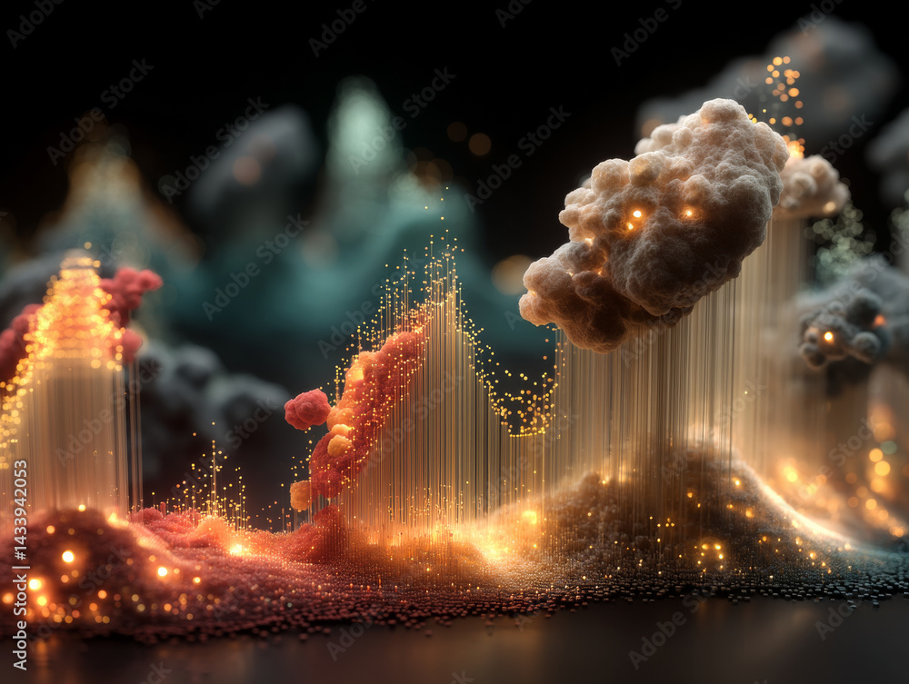 Aufkleber digital visualization of research trends over time with glowing particles and abstract clouds