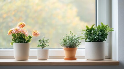 Fototapeta premium Lush floral display on a windowsill with nutrientinfused watering system, selfsustaining plant care
