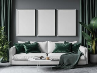 Modern Living Room with Green Accents, Minimalist Sofa, and Empty Frames on Wall Surrounded by Plants and Cozy Textiles