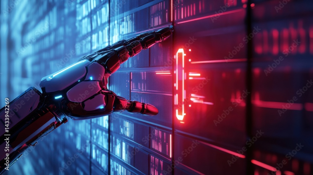 Poster a futuristic robotic hand interacts with a glowing panel, symbolizing advanced technology and digita