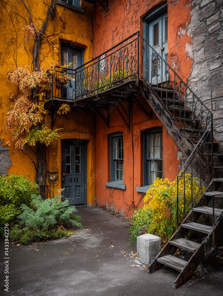 Poster a building with a balcony and a staircase. the balcony has a cat on it. the building is orange and b