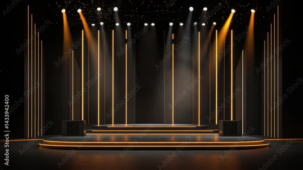 Poster modern stage setup with dynamic lighting and glossy surface for performance and event showcases