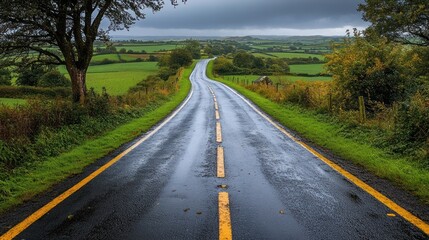 Fototapeta premium Wet asphalt road with yellow lines curves through a green rural landscape.