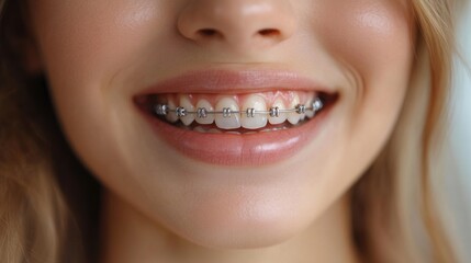 Fototapeta premium Teen girl smiles showing braces during a sunny afternoon in a park