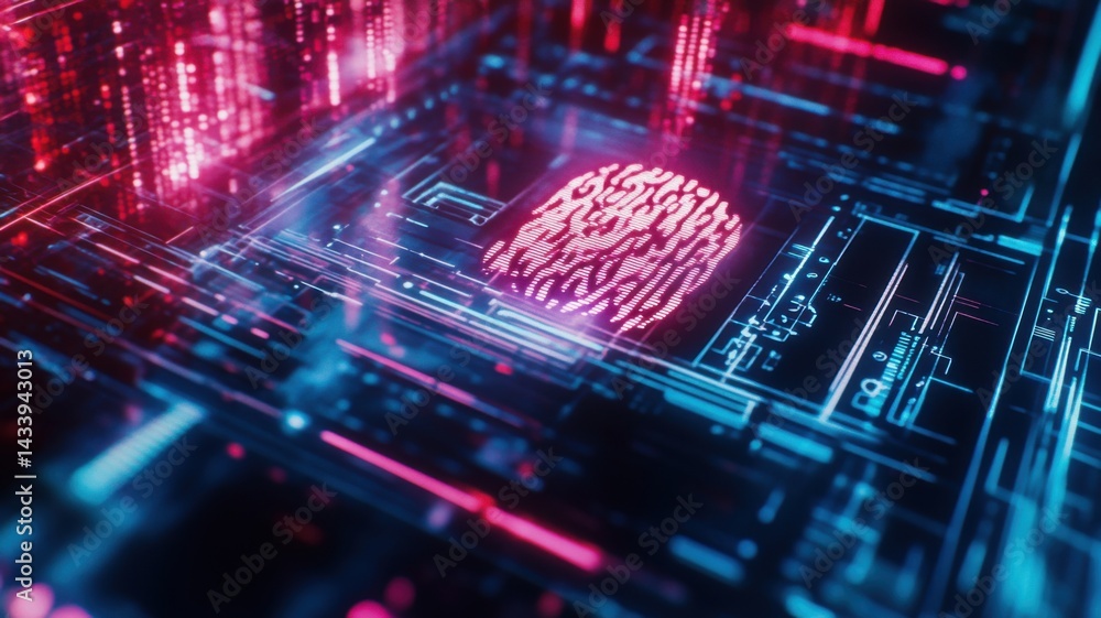 Poster a futuristic digital fingerprint emerges from a complex network of glowing blue and red circuitry, s