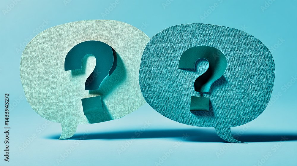 Poster Two textured teal speech bubbles with cutout question marks, symbolize inquiry, dialogue, and problem-solving.  Concept represents communication and questions.