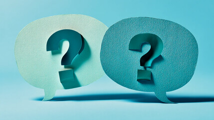 Two textured teal speech bubbles with cutout question marks, symbolize inquiry, dialogue, and problem-solving.  Concept represents communication and questions.