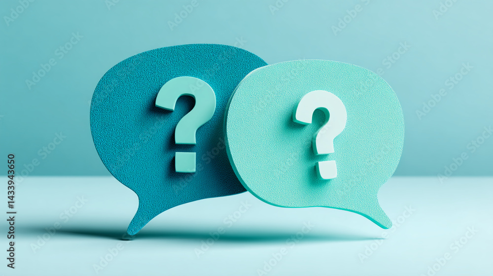 Poster two teal speech bubbles, textured surface, each containing a lighter teal question mark, symbolize c