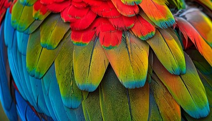 Fototapeta premium A parrot’s plumage in striking detail, a spectrum of emerald, scarlet, and sapphire feathers layered in perfect symmetry. 