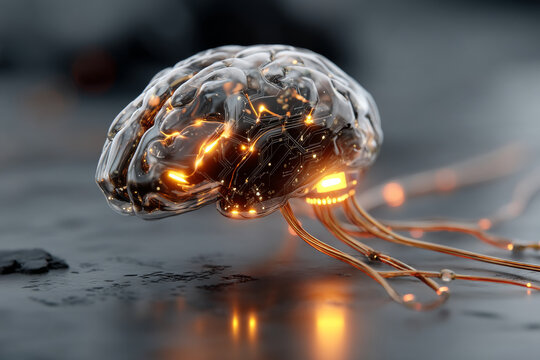 Futuristic AI brain with glowing circuitry and neon wires on dark surface, evoking sense of advanced technology