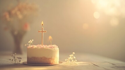 Christening Cake with Candle, and Flowers.