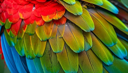 Fototapeta premium A parrot’s plumage in striking detail, a spectrum of emerald, scarlet, and sapphire feathers layered in perfect symmetry. 