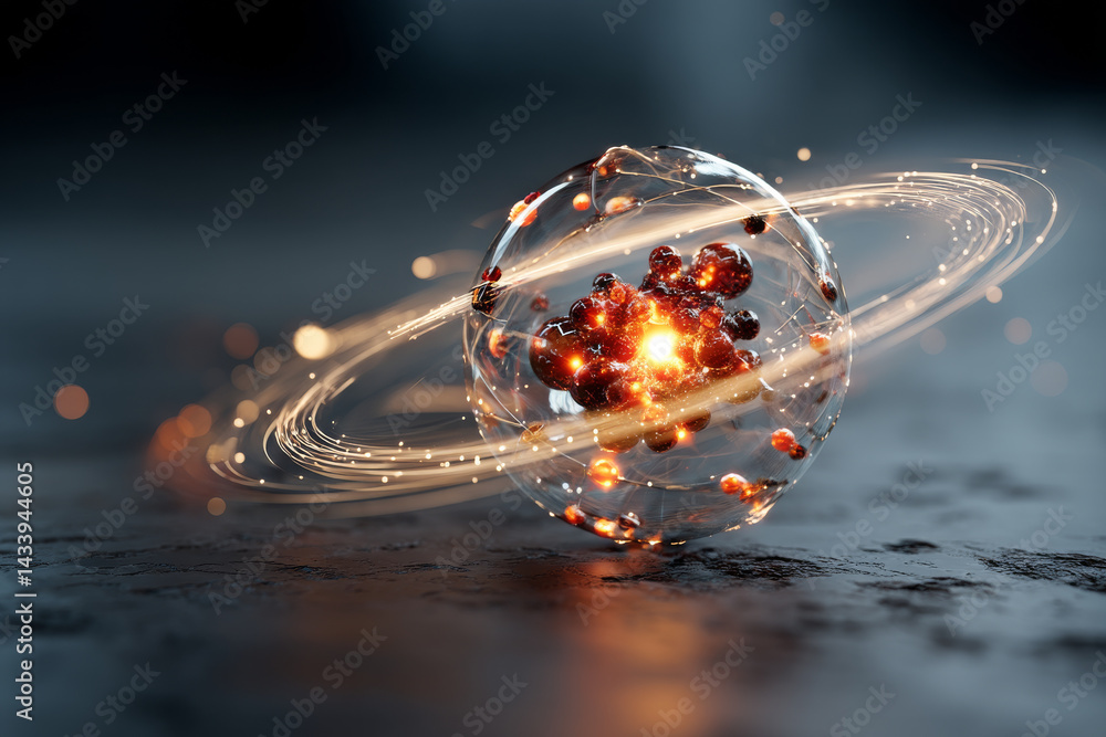 Poster glowing atom model with orbiting electrons and bright nucleus on textured surface