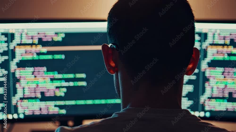 Aufkleber Professional software developer analyzing lines of code while working late at night, silhouetted against computer screen in dimly lit office environment