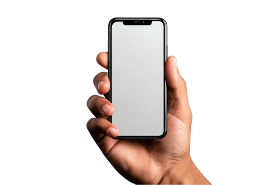Hand holding modern smartphone with blank white screen display app black on transparent background - Powered by Adobe